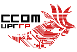 Logo of the Computer Science Departament. The letters C C O M. The letters U P R R P. A rooster (the university's) mascot with a red electronic circuit skin.