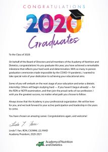 Imagen de la Carta de la presidente de la Academia de Nutrición y Dietética felicitando a los graduandos 2020