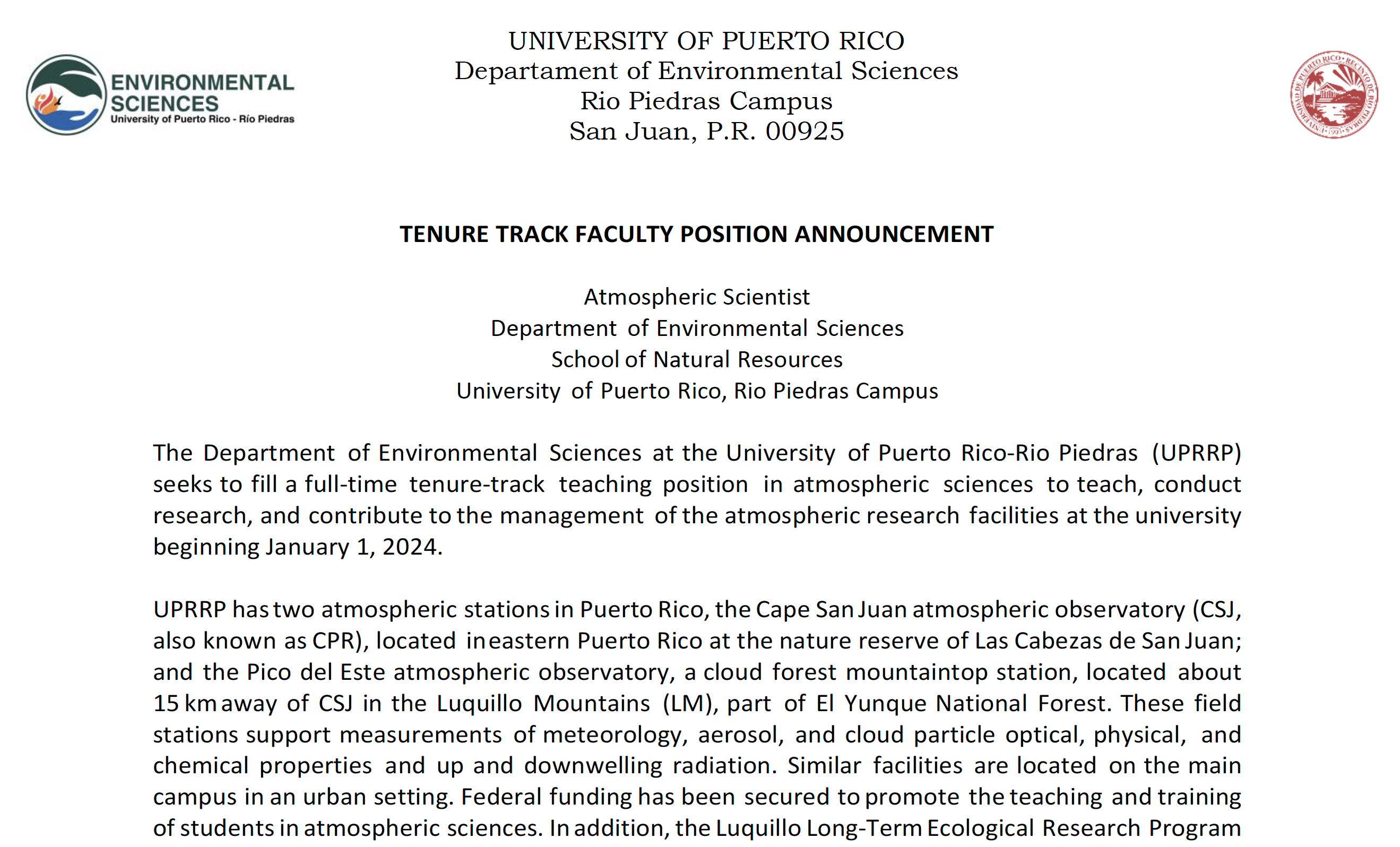 TENURE TRACK FACULTY POSITION ANNOUNCEMENT